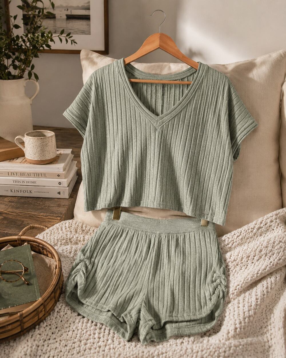 Gilly Hicks Ribbed Lounge Set XS Sage Green Co-Ord Soft Girl Quiet Luxury Cozy
